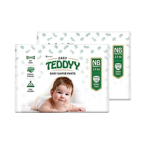 Image of TEDDYY Easy Baby NB Size Diaper Pant Style | 36 Count (New Born) | Upto 5 kgs (Pack of 2) | Long Protection Hours | Anti-Bacterial | Airy Breathable Fit | Rapid Soaker Channels with Wetness Indicator