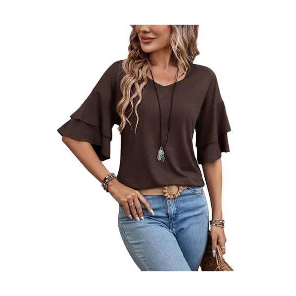 Womens Top Ruffle Sleeve Blouses V Neck T Shirts Casual Outfit Bell Sleeve Tee Spring Fall Summer Fashion Clothes Cute Tunic