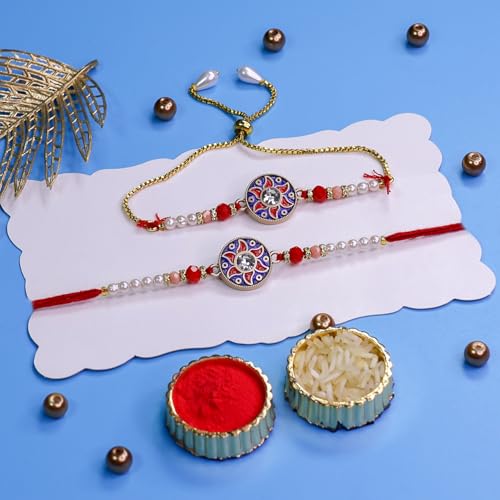 Image of Oblivion Rakhi Set for Brother and Bhabhi - Peacock with Feather Gift for Bhai & Lumba for Bhabhi with Silver Colour Coin and Greeting Card - Raksha Bandhan Combo
