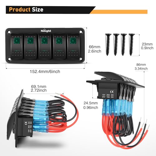 Image of Nilight 5 Gang Rocker Switch Panel SPST On Off Toggle with DIY Label Sticker | 5PIN Electrical 12V /20A 24V /10A Aluminum Plate with Pre-Wired Jumper Wires for LED Light Bar RV Boats 4X4 Cars Green