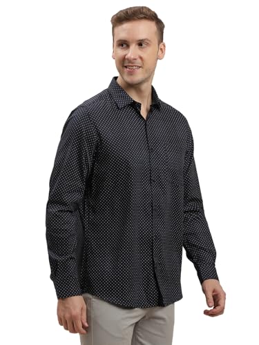 Image of Turtle Men Cotton Tencel Slim Fit Printed Navy Formal Shirt