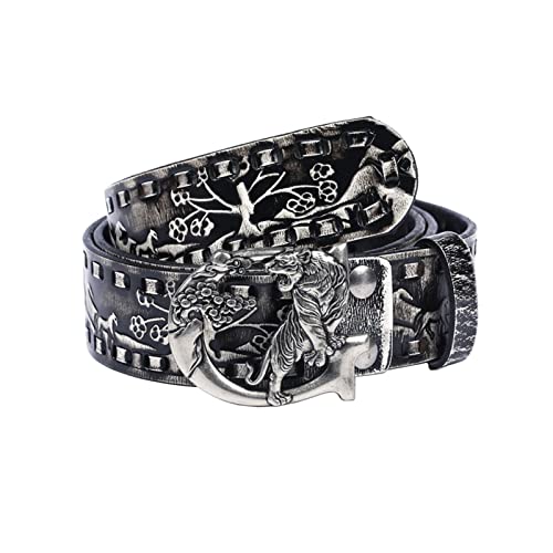 Men's Genuine Leather Belt,Retro Belt Tiger Buckle Personality Embossed Men's Youth Belt2