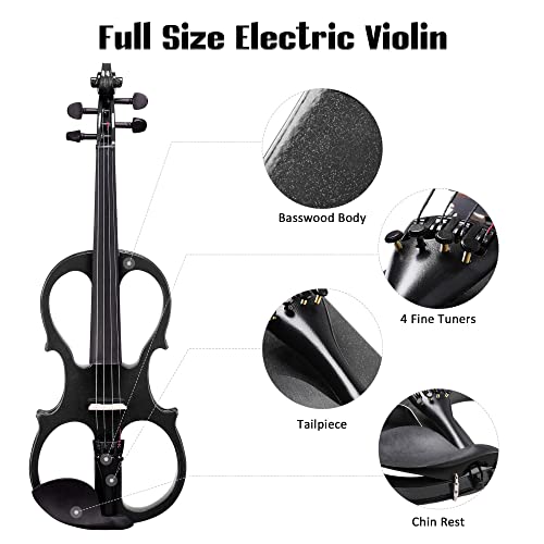 Aw 4/4 Electric Violin Full Size Wood Silent Fiddle Stringed Instrument Bow Headphone Case Black #TOP1