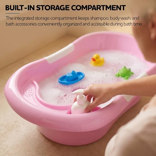 Image of Baybee Lovely Baby Bath Tub for 0 to 5 Years | Ergonomic Bath Tub for Kids with Quick Drain & Storage | Premium Baby Bather with Non Slip Base & Side Grip Bathing Tubs for Boys Girls (Pink)