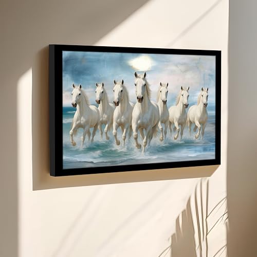 Image of 7 White Running Horses Vastu Framed Wall Art Painting for Living Room| Symbol of Success, Purity & Positive Energy Seven Horse Painting With Frame for Home & Office, 17x23 Inch