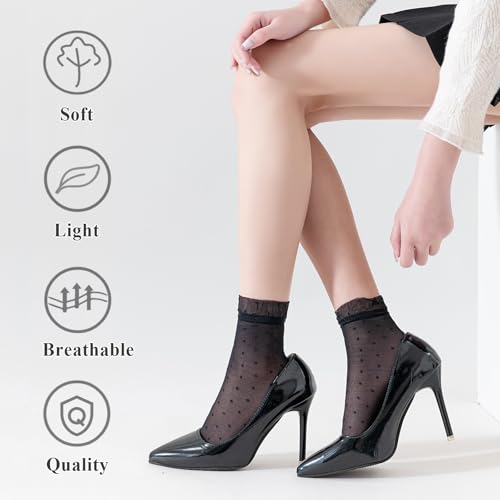Mcool Mary 12 Pairs Women's Sheer Ruffled Socks Frilly Ankle High Nude Nylon Dot Stocking Summer Ultra Thin Cool Silk Sock4