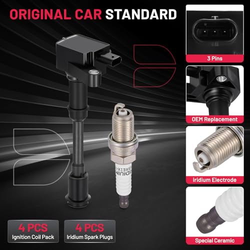 Image of BDFHYK Ignition Coil Pack UF674 and Iridium Spark Plug 94769 Compatible with Ford Escape 2013-2016 Fiesta 2014-2019 Fusion 2013-2014 Transit Connect 2014-2016 1.6L l4 Ford Oem Coil Pack Set of 4