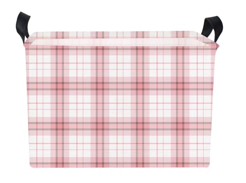 Image of Pink Plaid Waterproof Multipurpose Foldable Storage Cift Basket with Leather Handle,Baby shower,Home,Picnic,Trunk(Pink Plaid)