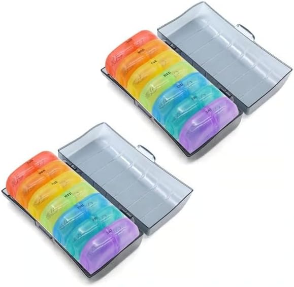 Sakerplus Portable Pill Organizer for Travel, 7-Day Pill Case with 14 Compartments, Pill Holder for Vitamins & Medication, Leak-Proof & Compact Design (White Shell with Color Grid, 2PCS)