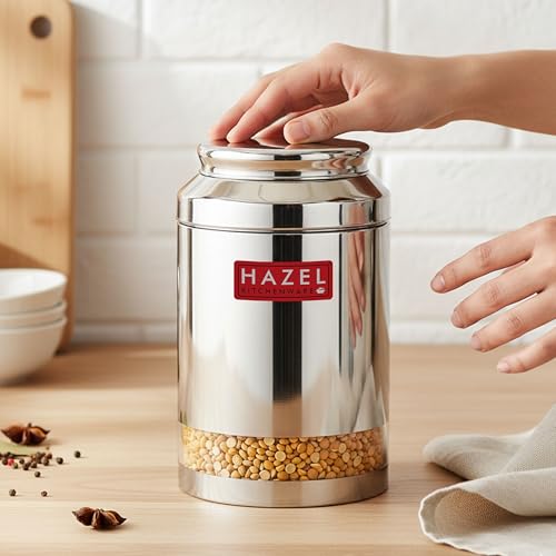 Image of HAZEL Steel Transparent Airtight Jar 3250 ML | Storage Container for Grains, Pulses & Snacks