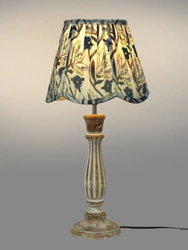 Image of Green Girgit Wooden Distress White Athens Lamp with Pleeted Multicolor Blue Floral Lotus Shape Lamp Shade