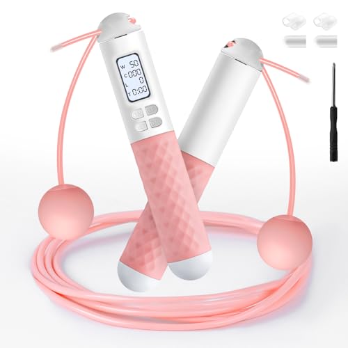 iMoebel Springseil mit Zähler, Verstellbar Speed Rope Seilspringen Stahlseil Anti-Rutsch Griffe Kalorienzähler Timer für Fitness Boxen Abnehmen Crossfit, Pink-weiß