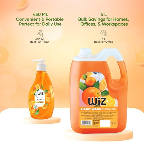 Image of Wiz Orange Handwash Liquid Soap Dispenser Bottle - 450ml (Pack of 4)| Germ Protection | Hand Wash with Added pH-Balanced & Moisturizers for Soft & Gentle Hands | Suitable for all Skin Types