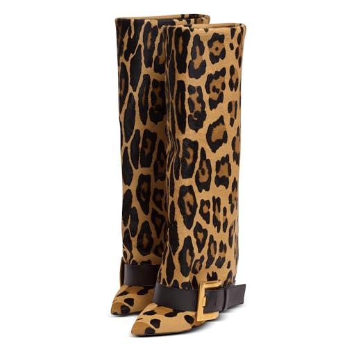 Arqa Wide Calf Boots for Women Fold over Pointed Toe High Heel Boots Comfortable Elegant Fall Winter Knee High Boots