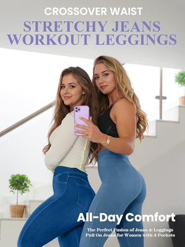AIMILIA Crossover Jeggings for Women Tummy Control High Waist Pull On Stretchy Jeans Denim Leggings with Pockets Slimming4