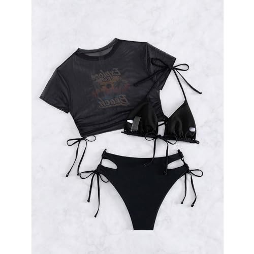 Image of Sexybody Women's 3 Piece Swimsuit Halter String Bikini Tie Side Mesh Short Sleeve Bathing Suits