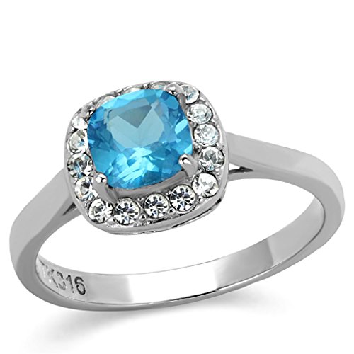 Marimor Jewelry Women's .92 Carat Cushion Cut Sea Blue Cubic Zirconia Stainless Steel Halo Engagement Ring 5-10