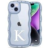 R'hllor Case for iPhone 13: A-Z Initials Personalized Phone Case Kawaii for Girl New Year Gifts, Preppy Cute Curly Wave Edge Phone Cover Stylish TPU Protective Case for Women - Blue