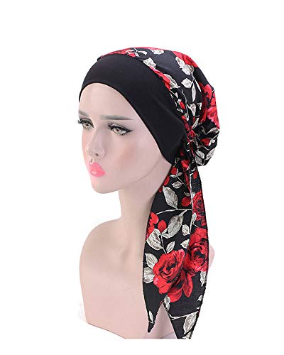 JUHONNZ Chemo Turban für Krebs,Chemo-Kappe mit Seidigen Schals Kunstseide Turban Kappe Elastische Kopfbedeckung Chemo Damen Kopfbedeckung für Krebs Frauen Chemotherapie (Red-Rose) Cover