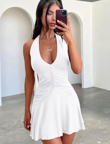 Image of BEAGIMEG Women's Sexy Sleeveless Halter Backless Deep V Party Cocktail Club Mini Dress