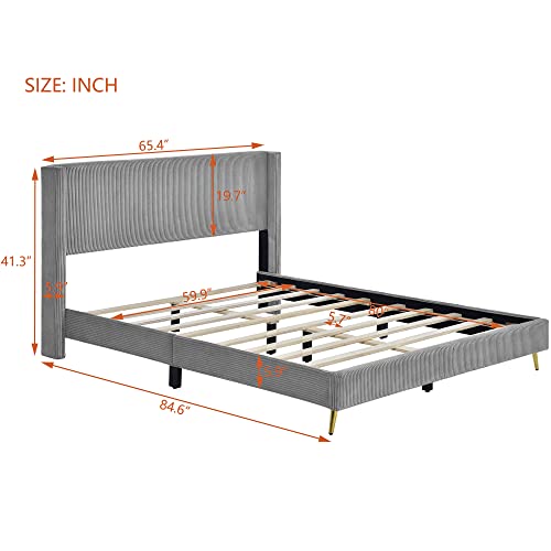 Mancofy Queen Size Platform Bed Frame With Corduroy Upholstered Headboard And Metal Legs, Mattress Foundation With Wooden Slats Support, No Box Spring Needed, Easy Assembly (Gray) #TOP7