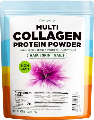 Gya Tea Co Multi Collagen Protein Powder, 5.29oz (0.33lb) | All-In-One Peptides | Hydrolyzed Grass-Fed & Marine Sourced | Unflavored Supplement for Women & Men: Skin, Hair, Bones, Mobility, Non-GMO