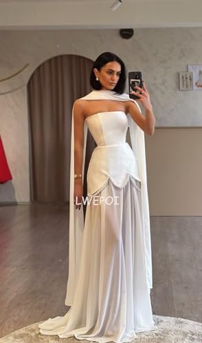 Mermaid Prom Dresses for Women Chiffon Strapless Formal Evening Gowns with Cape Pearls LW1043