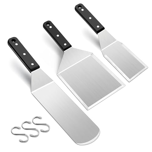 Herogo Stainless Steel Spatula Set of 3, Metal Griddle Barbecue Tools Set with ABS Handle, Griddle Scraper Pancake Flipper & Burger Turner, Professional Accessories for BBQ Flat Top Grill Teppanyaki
