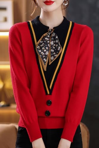 LAI MENG FIVE CATS Women's Fall Tie Neck Sweater Shirt Long Sleeve Patchwork Knit Pullover Blouse Tops4