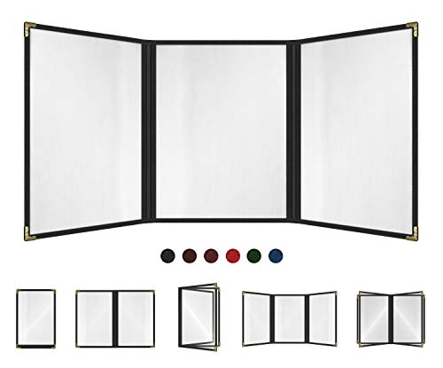 Goodsmart Restaurant Menu Covers – 25 Pack Black 6-View Trifold 8.5" x 11", Side-Loading Vinyl &amp; Plastic Menu Holders, Clear Menu Sleeves, Leather-Style Café Covers with Gold Corners