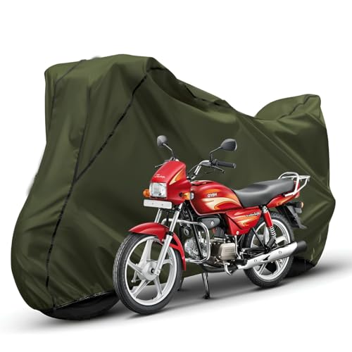 Image of Waterproof Bike Body Cover Compatible with Hero Splendor Dustproof Scratchproof - Motorcycle Cover for Two Wheeler, Outdoor Full Cover with UV, Duty, Rain Protection (Olive with Black) R1