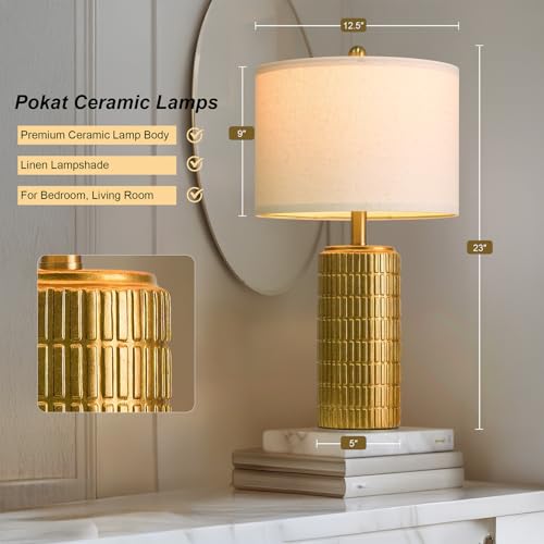 Image of PoKat 23 inch Brass Gold Ceramic Table Lamps for Living Room, Retro Warm Gold Lamps for Night Stands, Vintage Bronze Decorative Lamps for Bedroom, Antique Gold Brown Nightstand Lamps for Home Decor
