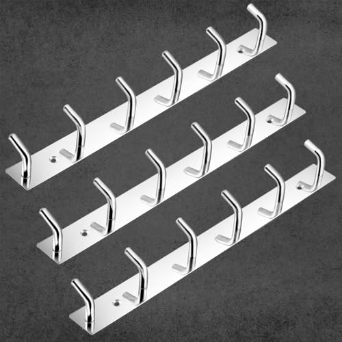 Image of Stainless Steel Cloth Hooks for Wall, Clothes Hook Hangers Door Mounted, Wall Mount Shirt Hanging Hangers, Dress Holder Pegs - 6 Pin-XL, Pack of 3, Silver