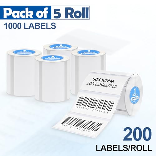 Image of MOREBLUE Thermal Sticker Labels 50x30mm Pack of 5 Rolls | 1000 Labels Total (200 per Roll) | Self Adhesive Barcode Labels | Easy Peel, Smudge Resistant | Shipping & Address Use