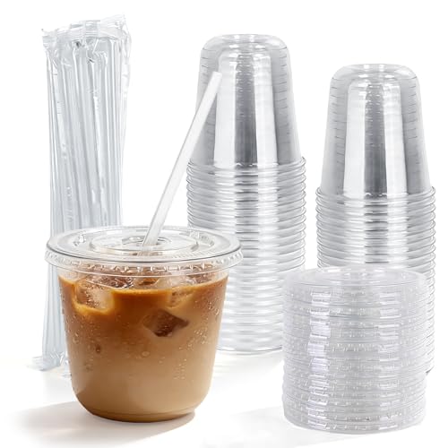Astomi 10 oz Disposable Plastic Cups, Clear Iced Coffee Cups with Lids and Straws, Sturdy and Food-Safe Plastic Cups with Lids, Portable Clear Drink Cups for Parties, Events, and Offices (200-Pack)