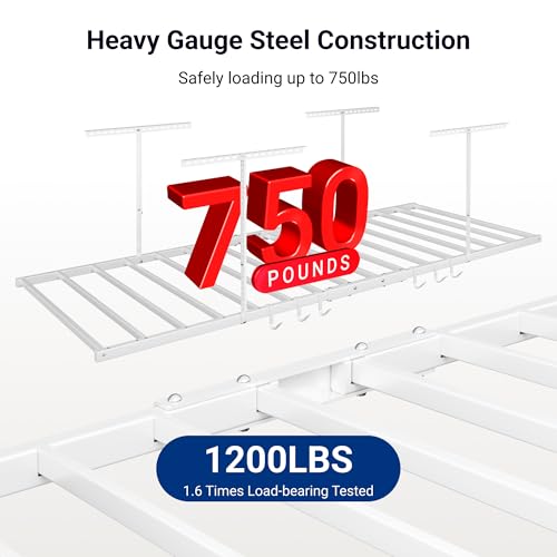 Image of FLEXIMOUNTS 4x8 Overhead Garage Storage Rack with 6 Hooks, 2 Pack, White