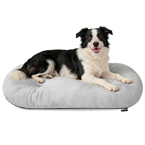 Image of Washable Oval Large Dog Bed, Silver-Tipped High-Resilience, Light Gray | Non-Slip Bottom Prevents Sliding, Soft Plush Short Fur, Machine Washable, Ideal for Crates /Apartments /Cozy Nooks,35 inchx22 inchx3.2 inch