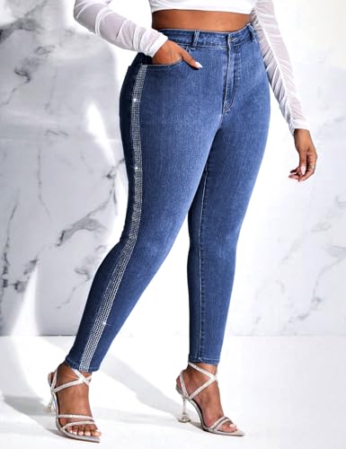 Womens High Waisted Stretch Skinny Jean Plus Size Side Rhinestone Denim Pants4