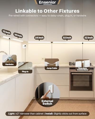 Image of Ensenior 24 Inch Hand Wave Motion Sensor LED Under Cabinet Lighting with Hardwired or Plug-in Installation, Dimmable Under Counter Lights with 2.4G Wireless Control for Kitchen, 5CCT, 120V, 14W 930LM