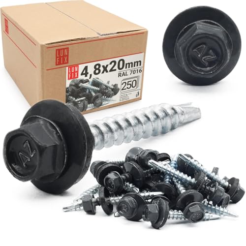 LUN FIX Trapezblechschrauben 4 8x20 mm 250 Stück Anthrazit RAL 7016 Schrauben EPDM Spenglerschrauben mit dichtscheibe Selbstbohrende blechschrauben mit dichtung Bohrschrauben mit Bohrspitze