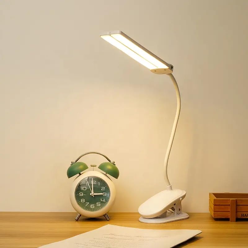 Image of Plastic 3 Colour Mode LED Table Lamp Folding Neck Reading Light Rechargeable LED Reading Light Study Lamp For Students, Night Light For Study Room 1Pc (Desk Lamp With Clip), White