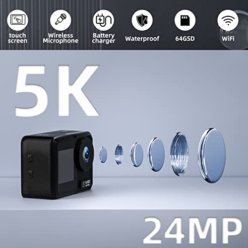 5K 24Mp Action Camera, Ultra Hd 131Ft Underwater Cameras With Dual Touch Screen, Waterproof Video Camera Wireless Microphone And Remote Control Sports Cameras With 64G Sd Card & Accessories Kit #TOP1