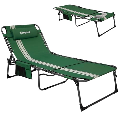 KingCamp Tanning Chair with Face Hole, Lounge Chairs Outdoor Folding Comfy Adjustable 5-Position Lay Flat Foldable Chaise Chaser Lounger for Outside Beach Patio Sun Bathing Pool, Green/White
