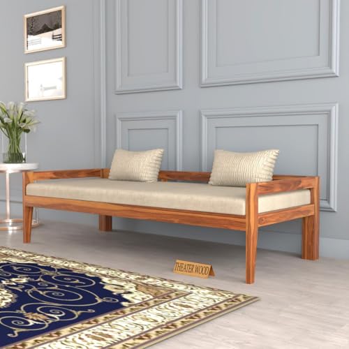 Image of Solid Sheesham Wood Sofa 3 Seater Sofa Diwan Bed for Home Living Room Wooden Couch Diwan Sofa Sheet Without Small Pillow for Living Room and Office (Honey)