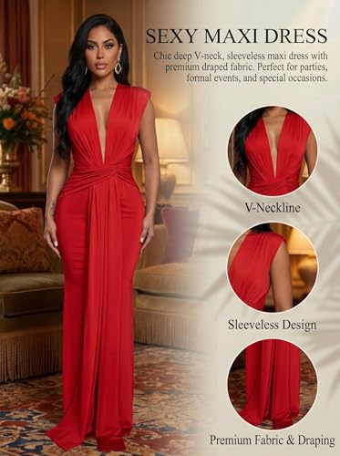 Image of Ekaliy Elegant Bodycon Dresses for Women Deep V Neck Maxi Dress Mermaid Long Dress