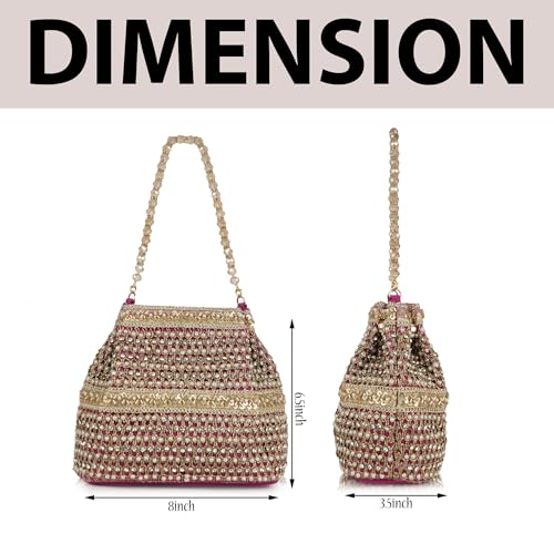 Image of Nevis Silk Fabric Premium Pearl & Crystal Embroidered Potli Bag for Women | Ethnic Bridal Clutch with Golden Handle | Party & Wedding | Potli Bag
