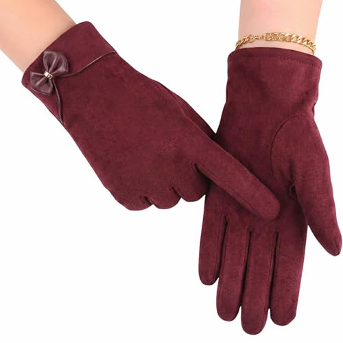 Image of Kraptick Women's Winter Thermal Gloves - Elegant Suede Fleece Lined Warm Full Finger Hand Gloves with Bow Knot - Windproof Soft Driving Mittens for Ladies & Girls (Free Size, Purple)-8