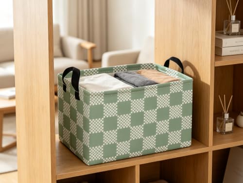 Image of Essme Rectangular Grid Baskets,Green Storage Box,Cute Basket with Handles for Room Decor, Book Bins.(Green grid)