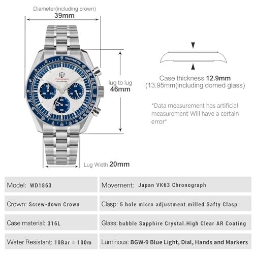Image of watchdives WD1863 Men Chronograph Watch Japan VK63 Quartz Sports Watches 40mm Bubble Sapphire Crystal Wristwatch 100M Dive Watch