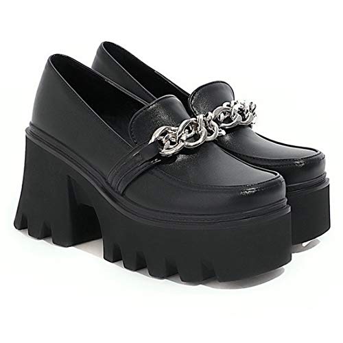 VOKLIN Women's Platform Slip On Penny Loafers Pumps Round Toe Metallic Chunky High Heel Oxfords Dress Shoes2